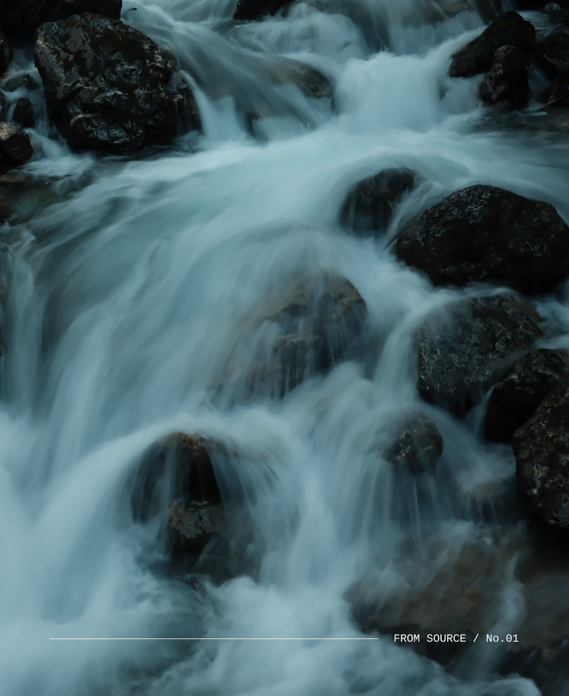 LEAU is 100% Swiss Water, Water flowing over rocks through a river with motion blur and a small title on the bottom that says From Source / No. 01