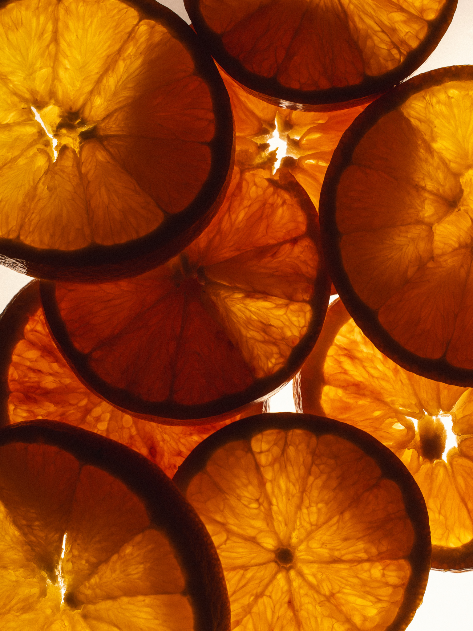 Close-up of dried orange slices with a warm color tone.